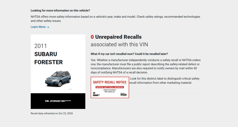 The Vin Checker Results On The Nhtsa'S Website