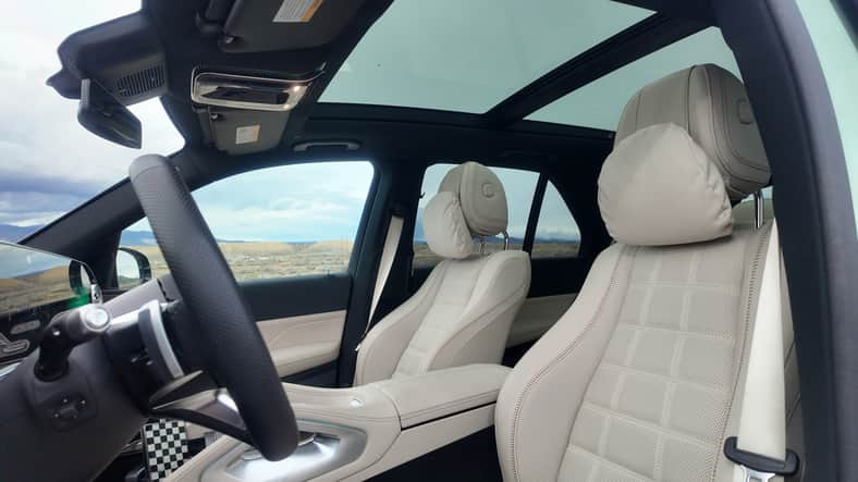 The front seats and extra cushy head rests of the 2027 Mercedes-Benz GLE 500e