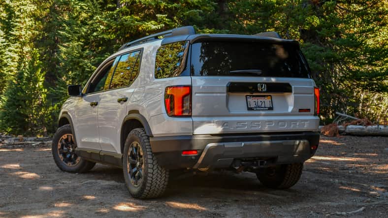 The rear quarter end of the 2026 Honda Passport TrailSport Elite off-road
