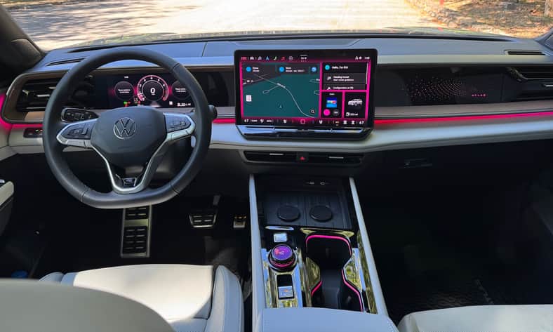 The front seat lit up by Joy mode in the 2027 VW Atlas