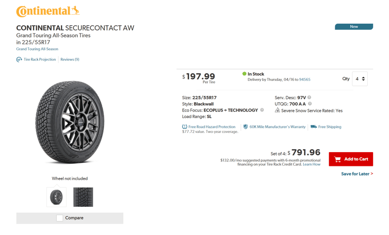 A screenshot of the Continental SecureContact AW tire on TireRack