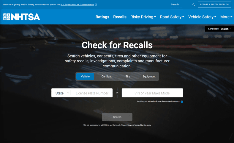 The Homepage Of The Nhtsa Safety Recall Vin Checker