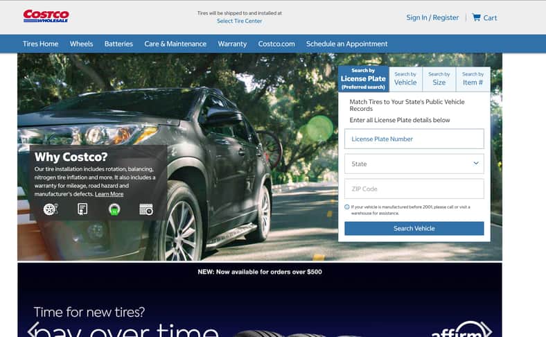 The Costco tires webpage