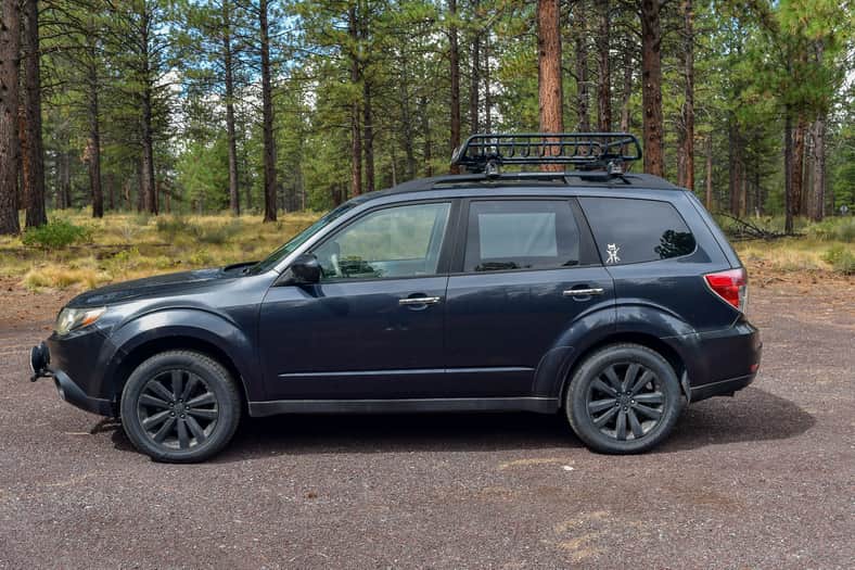 The side of my Subaru Forester, fitted with Les Schwab Reputation 2 AS tires