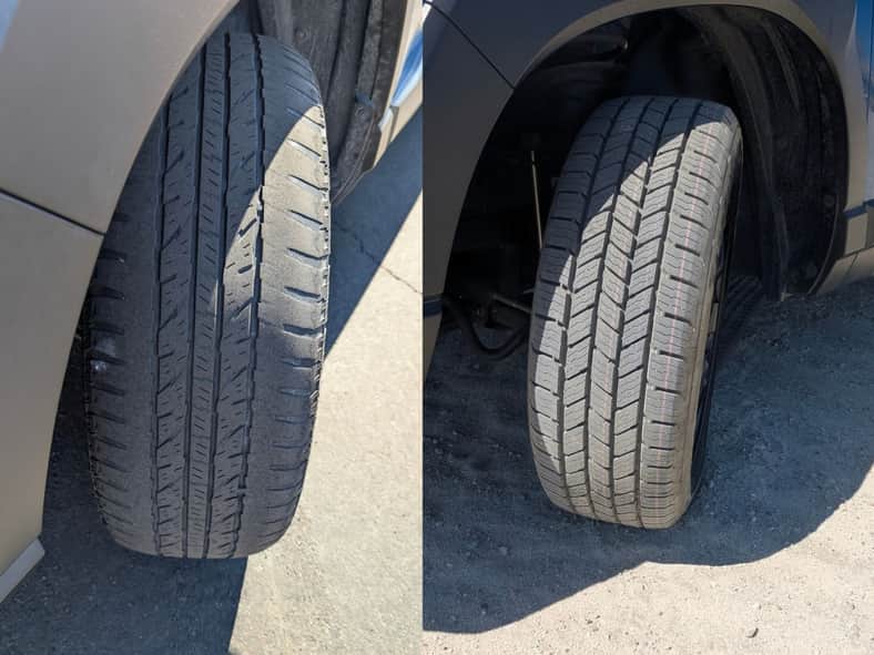 My sister's worn A/T tires compared to the new H/T tires