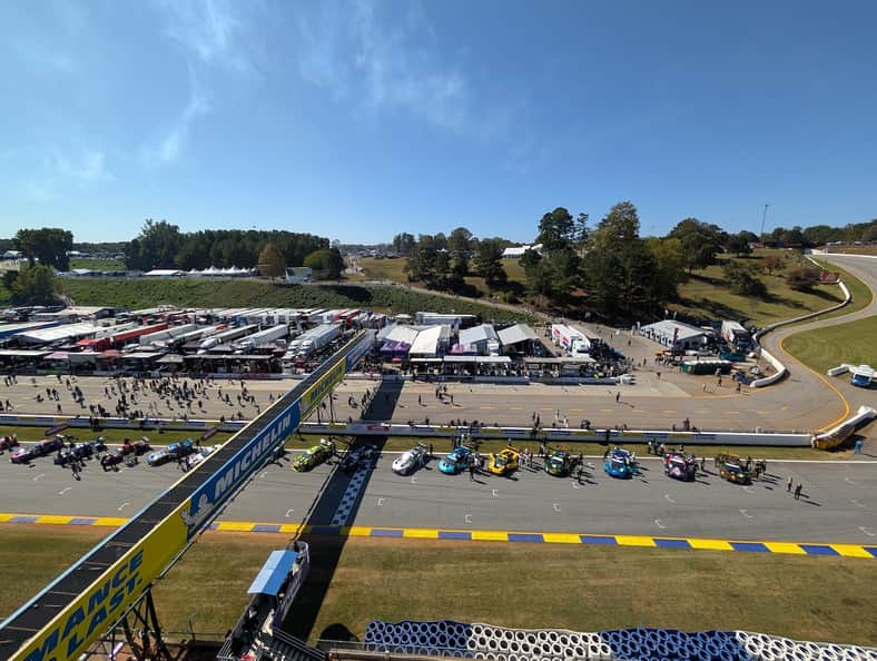 All the race cars lined up right before the 10 hour race at Petit Lemans racing on Michelin tires